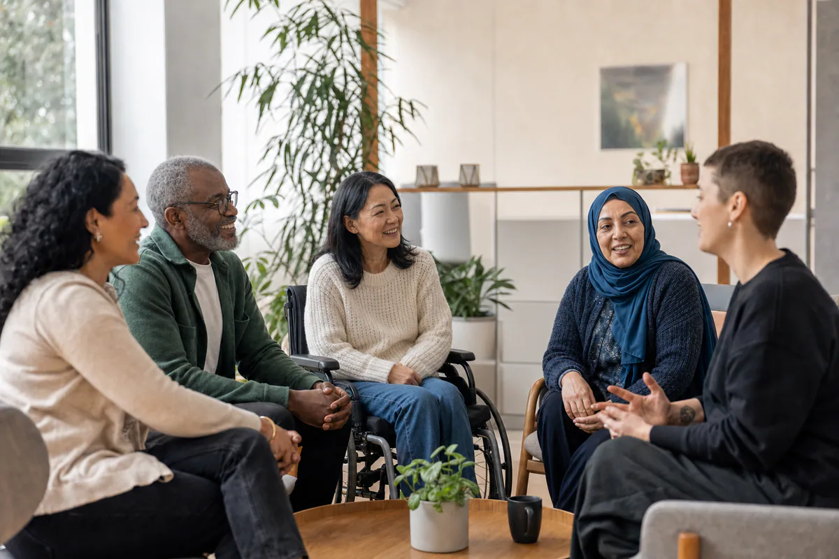 A diverse group of adults, including older adults and a wheelchair user, connecting in a welcoming community setting.