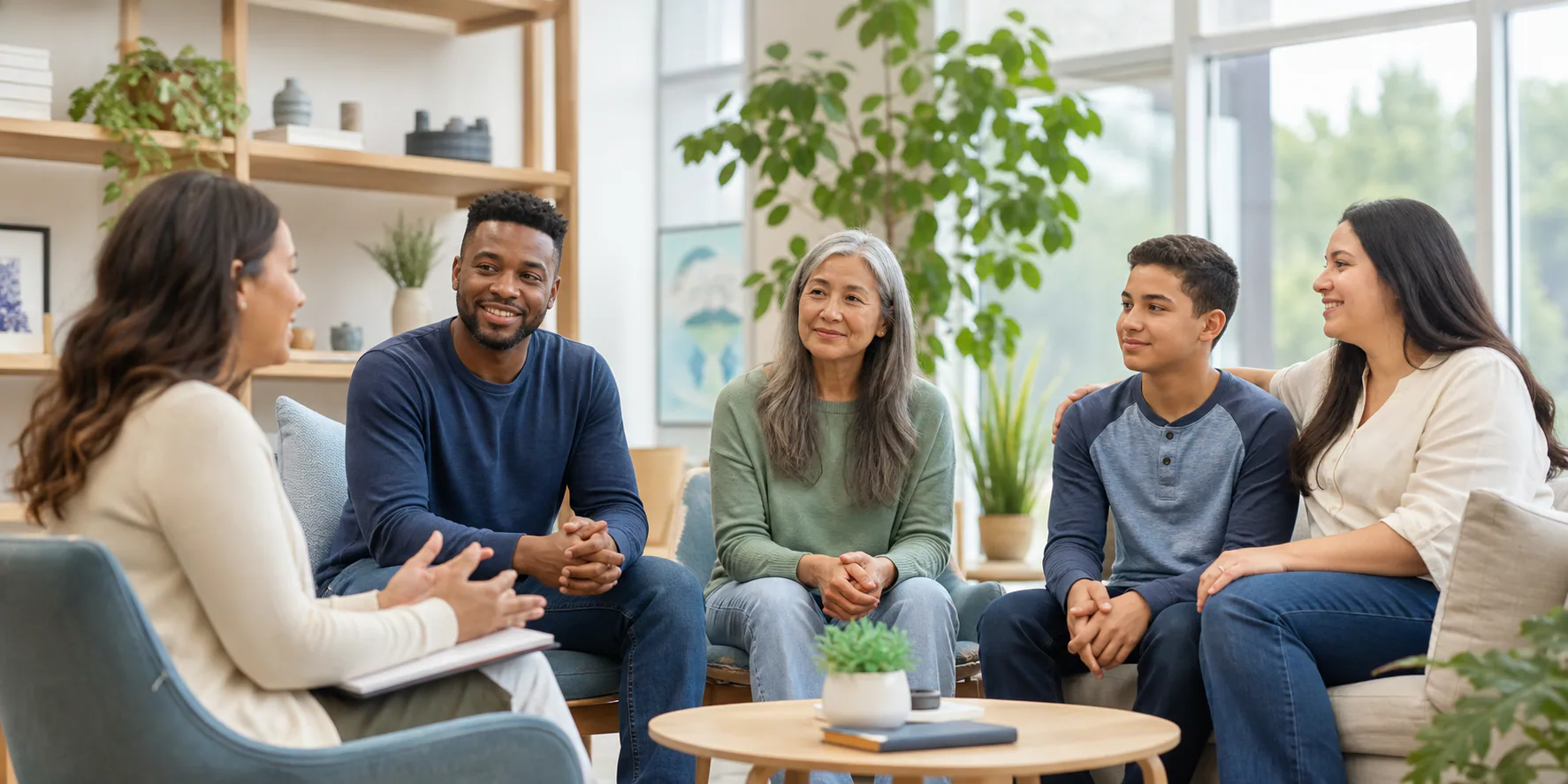 Adults and families in a bright, welcoming community mental health setting.