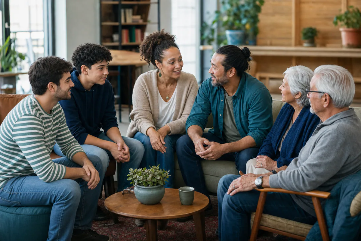 A culturally diverse group of young people, adults, and older adults gathered in a welcoming community setting.