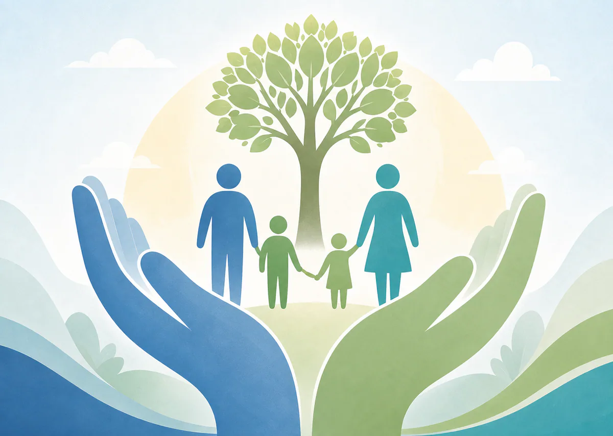 Illustration of hands supporting growth, family, and community connection.