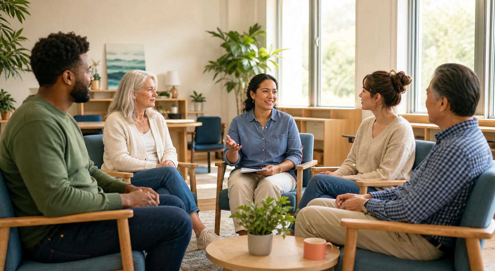Adults participating in a calm, supportive community-based program.
